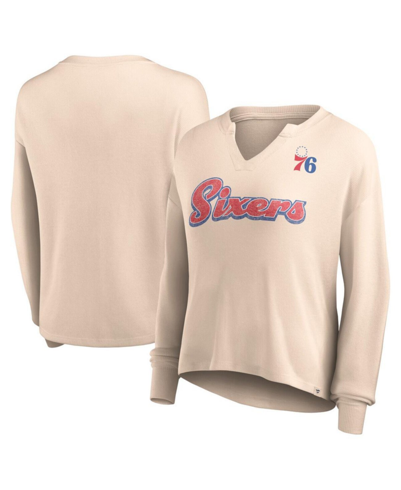 Женская светло-коричневая рваная футболка Philadelphia 76ers Go For It с длинным рукавом и вырезом в горловине Fanatics