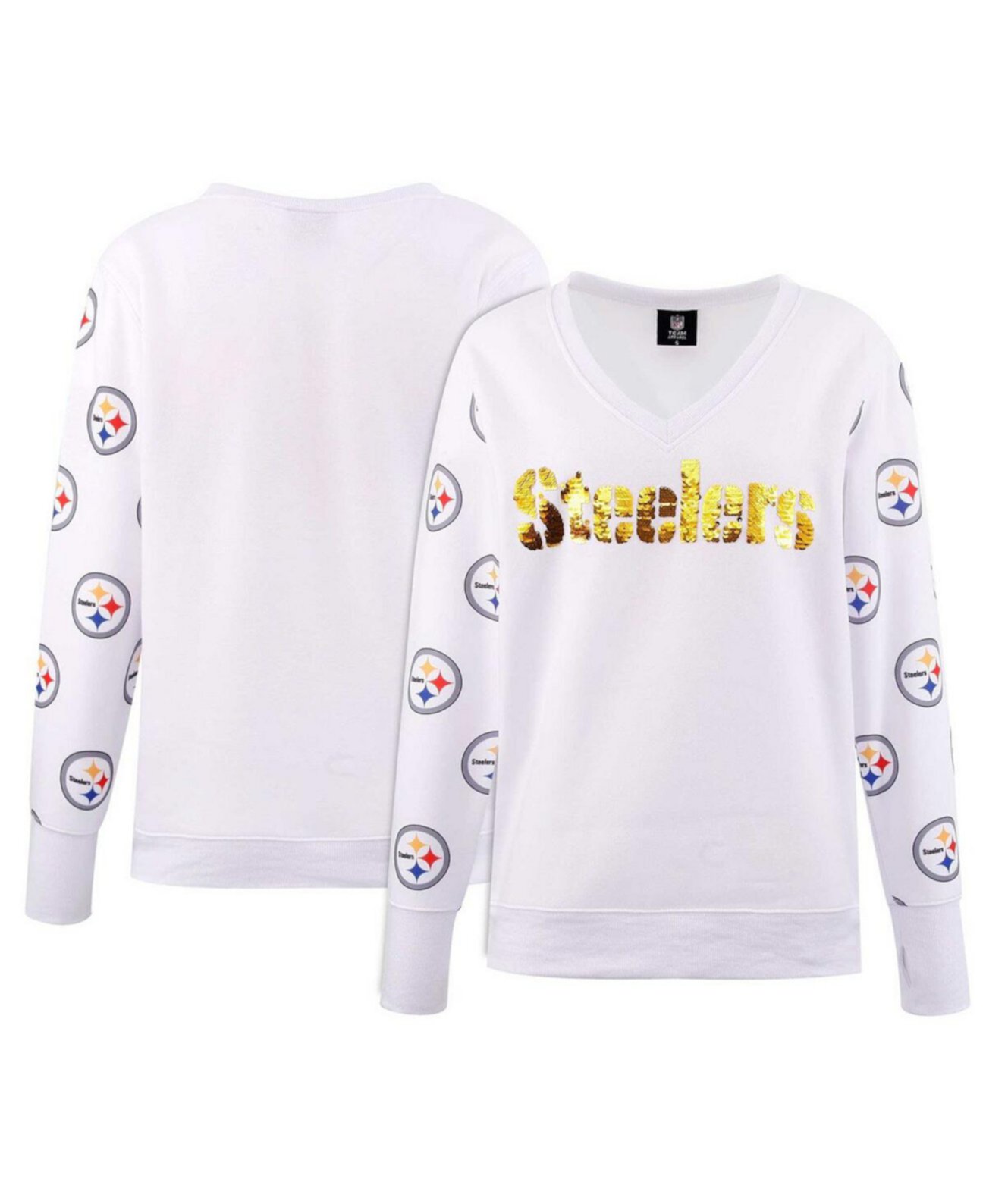 Женская белая флисовая футболка с v-образным вырезом и пайетками Pittsburgh Steelers Cuce