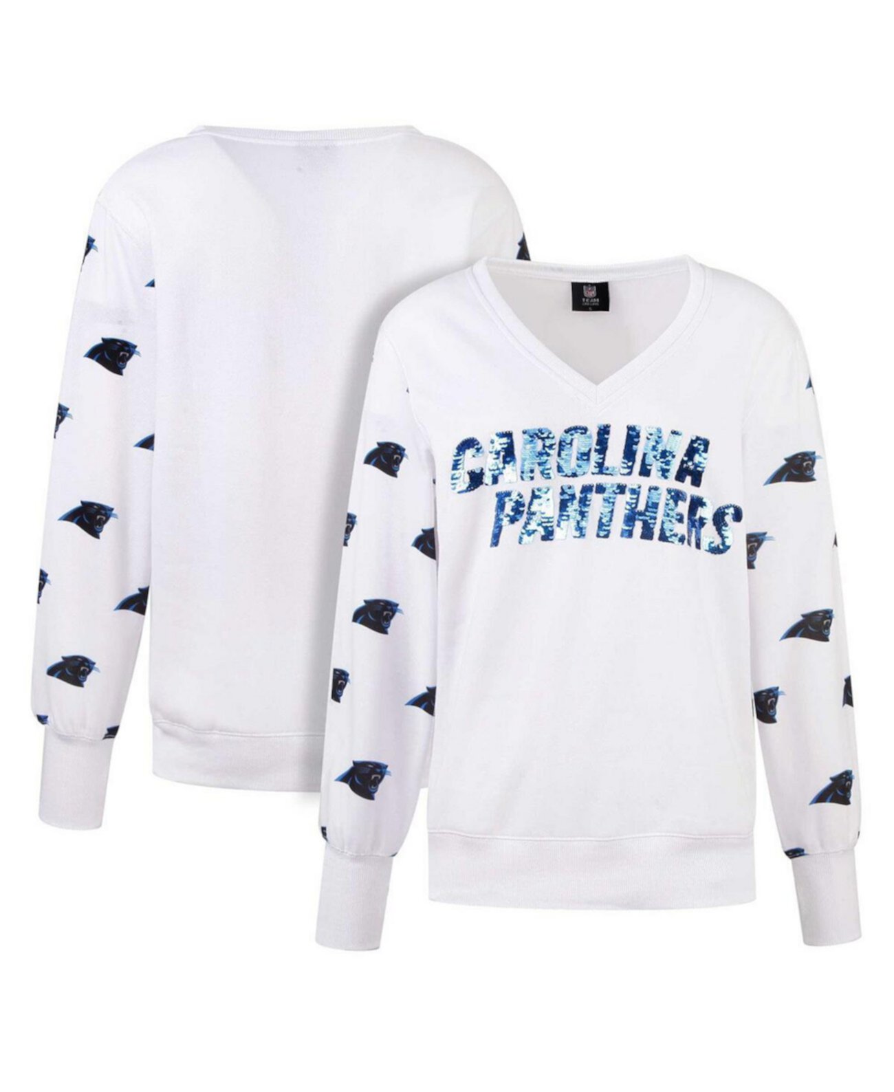 Женская белая флисовая футболка с v-образным вырезом и пайетками Carolina Panthers Cuce