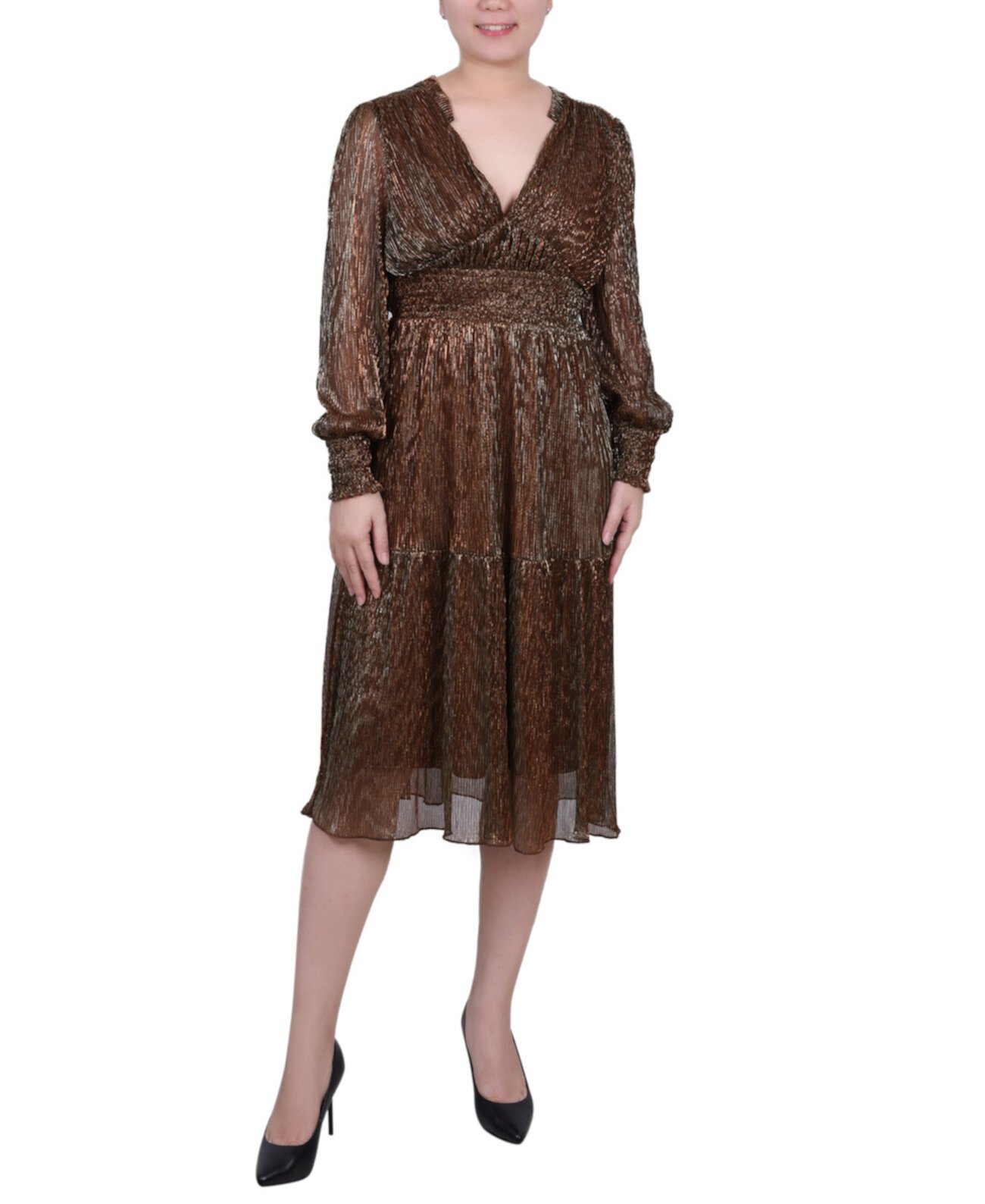 Плиссированное сетчатое платье с длинными рукавами Petite NY Collection
