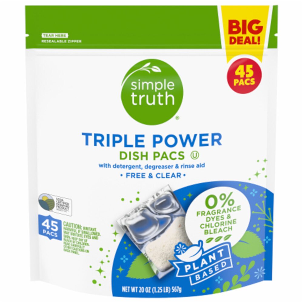 Triple Power Dish Pacs, бесплатные и прозрачные растительные капсулы, 45 капсул Simple Truth