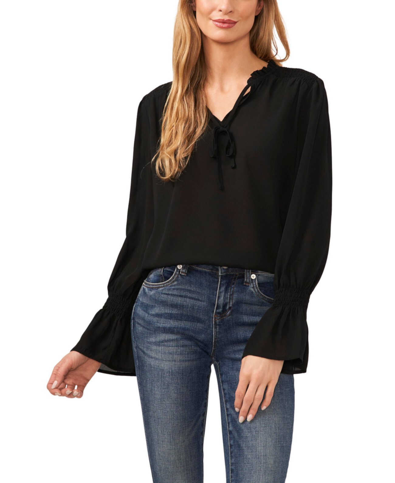 Women's Long-Sleeve Tie-Neck Ruffle Blouse CeCe