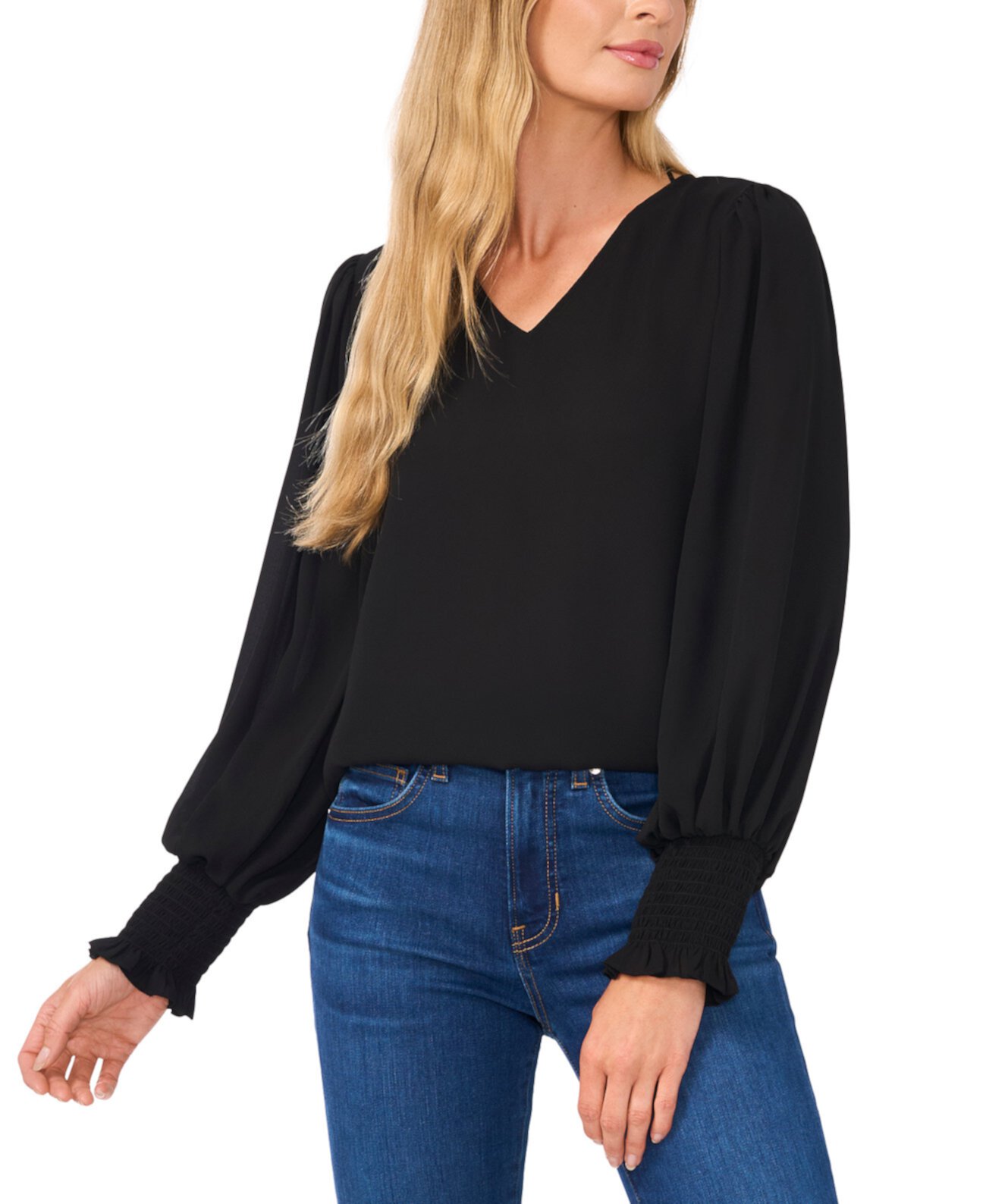 Women's Long-Sleeve Smocked-Cuff V-Neck Blouse CeCe