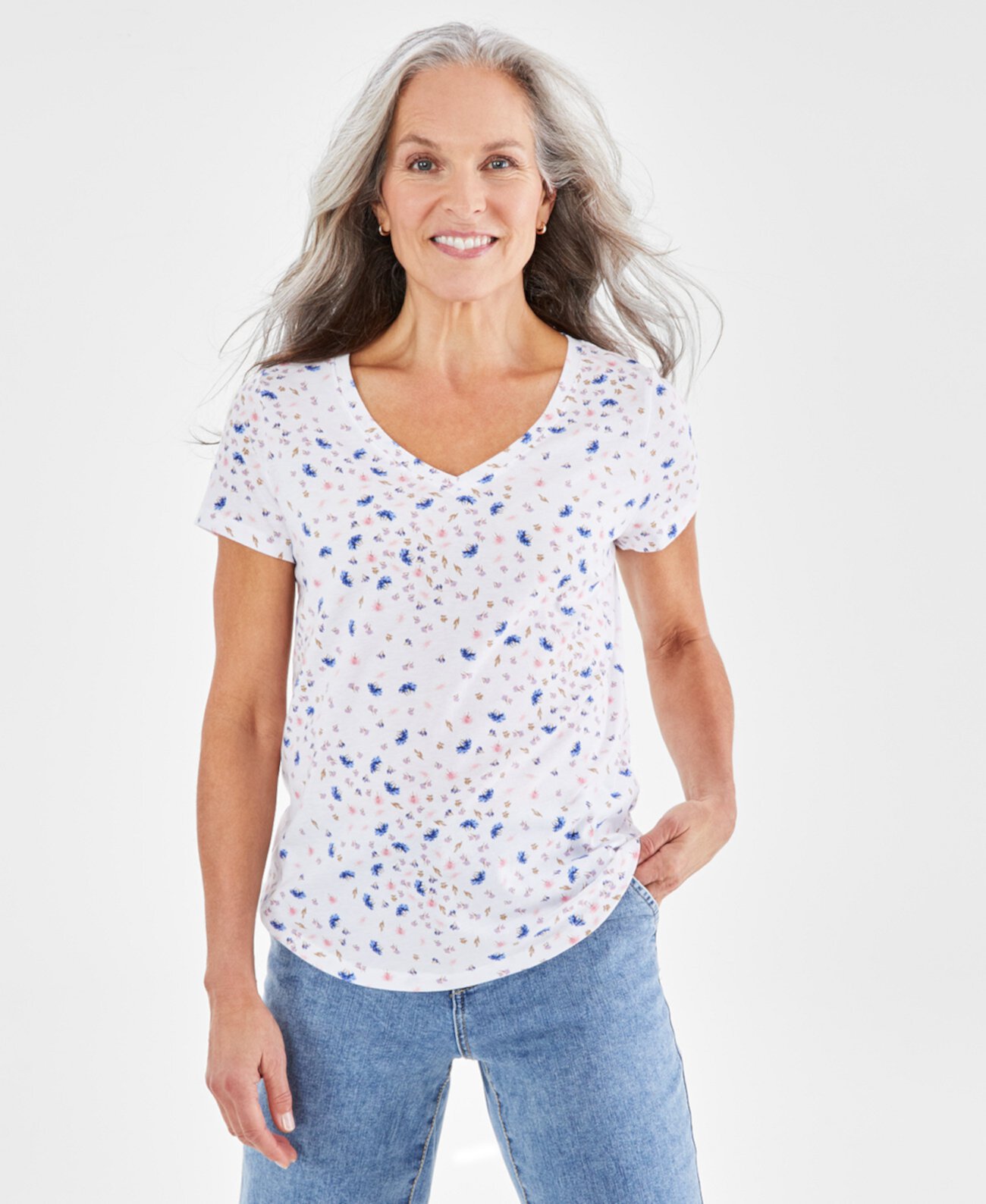 Женская футболка с V-образным вырезом и короткими рукавами с принтом, созданная для Macy's Style & Co