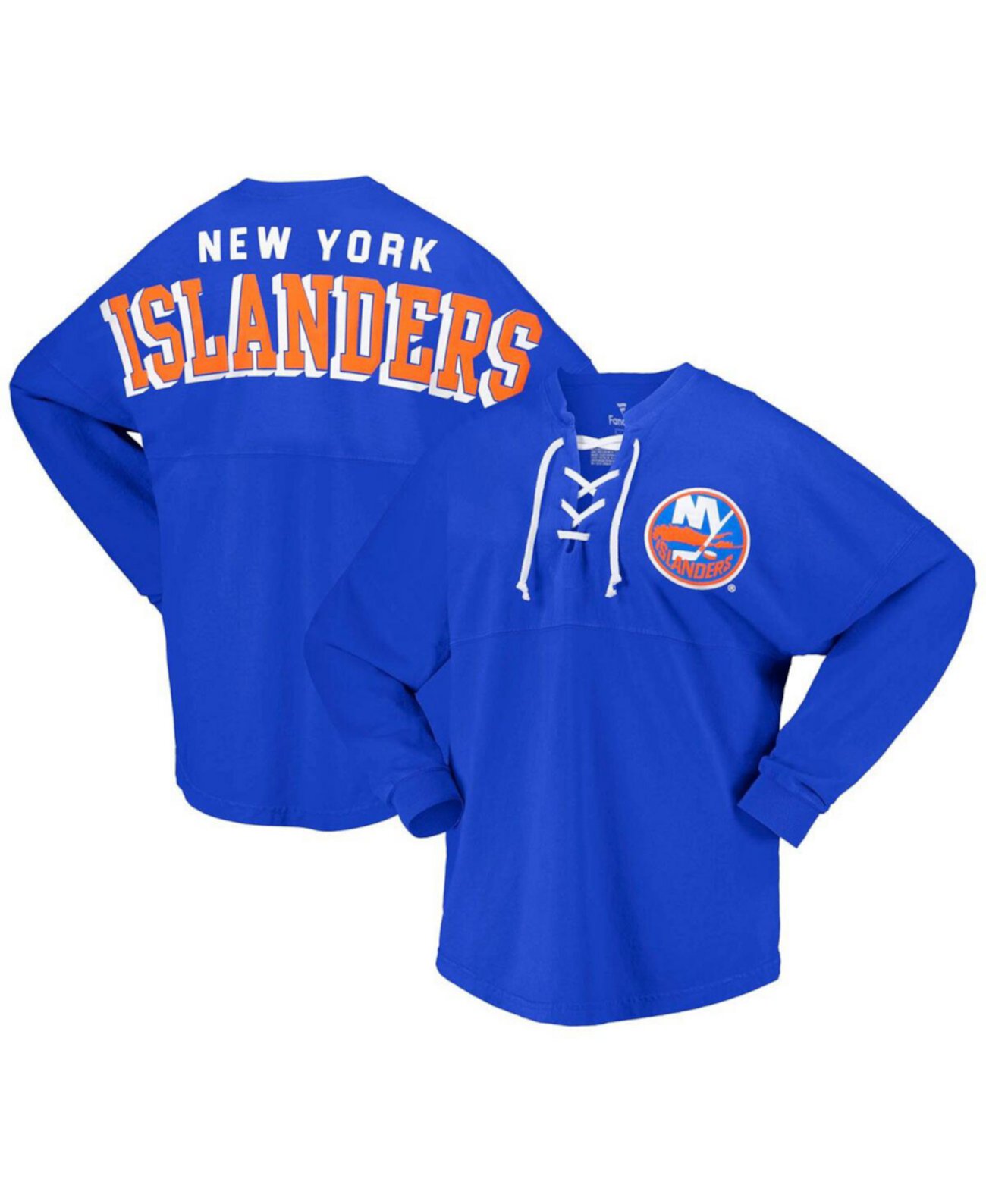 Женская трикотажная футболка Royal New York Islanders Spirit на шнуровке с v-образным вырезом и длинными рукавами Fanatics