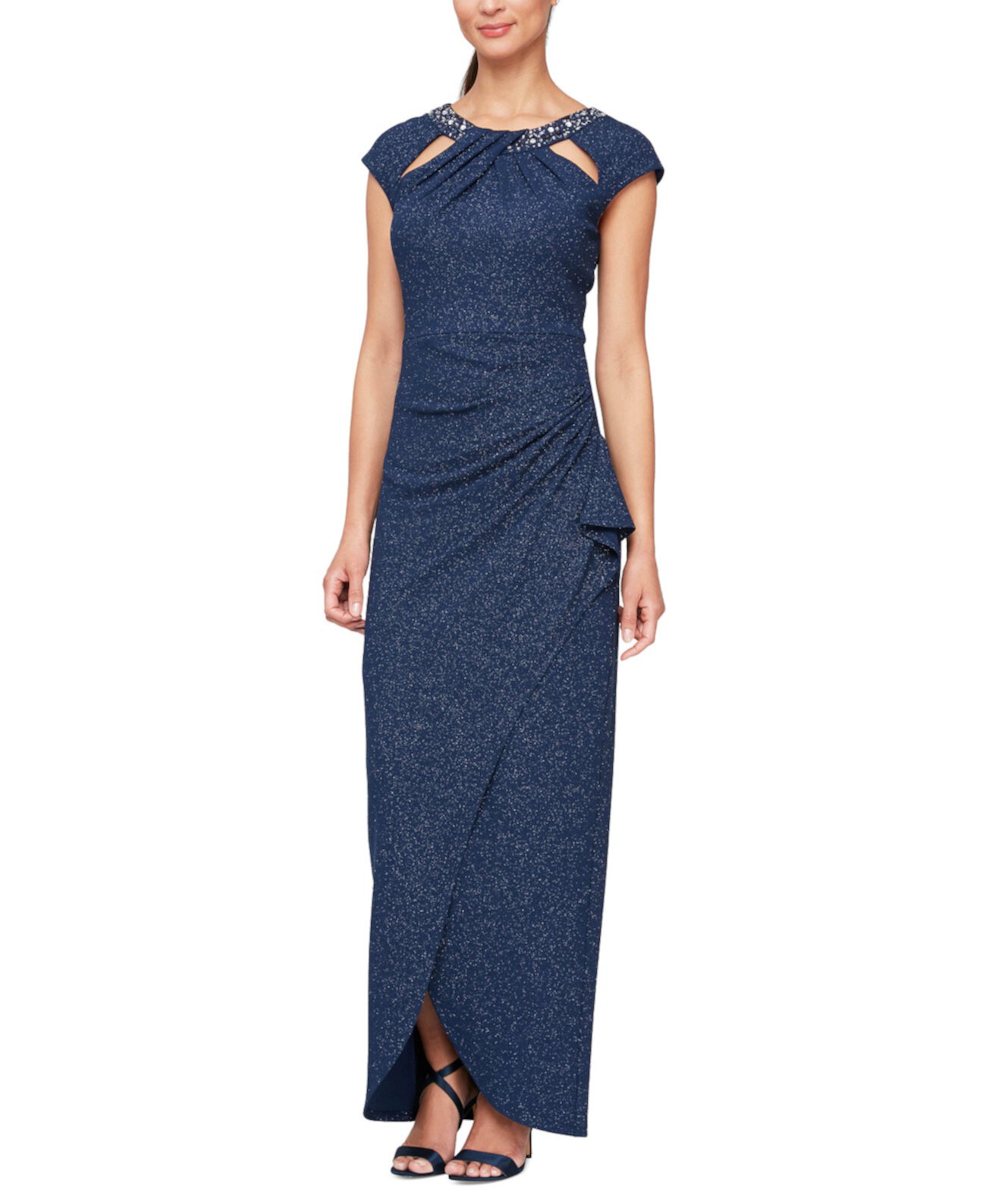 Женское блестящее платье с вырезом из бисера и короткими рукавами SL Fashions
