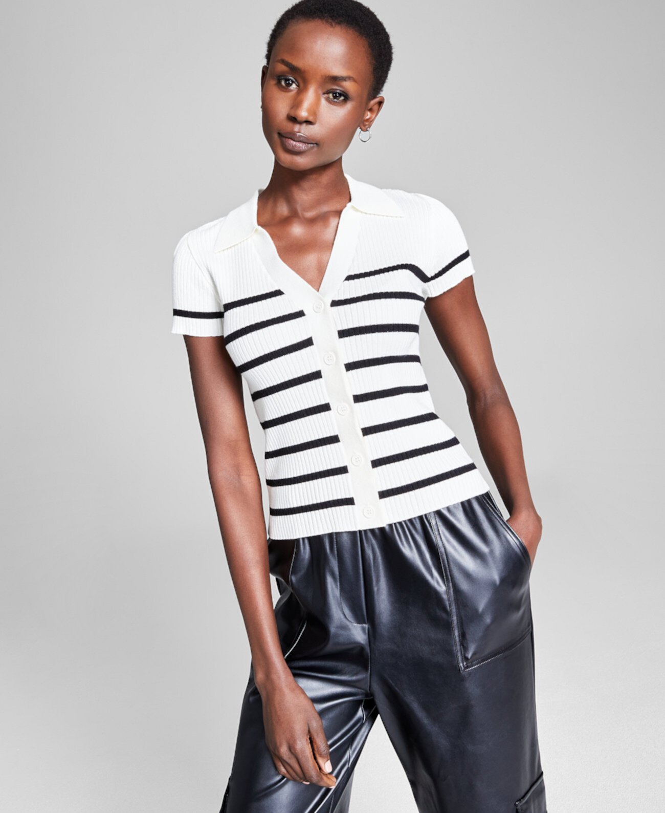 Женская рубашка-поло в полоску в рубчик с короткими рукавами, созданная для Macy's And Now This