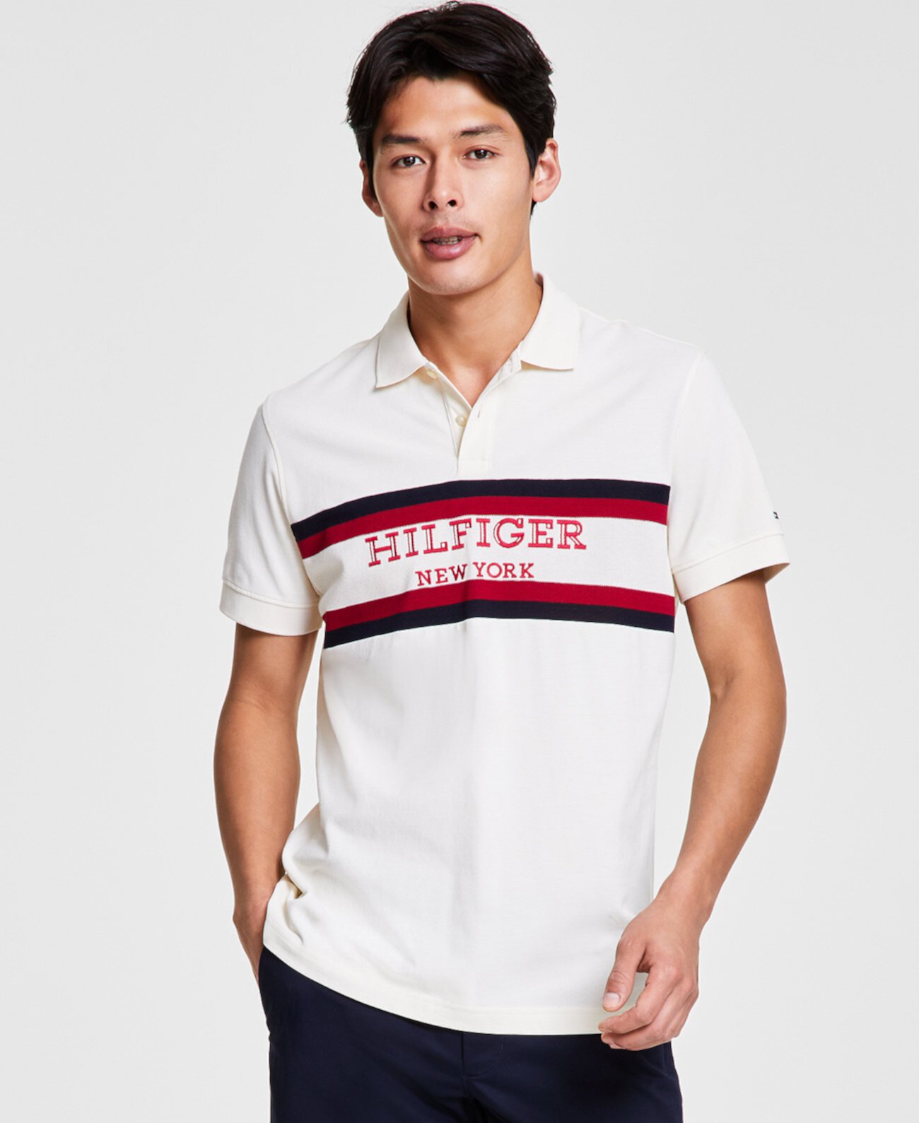 Мужская рубашка-поло стандартного кроя в полоску с цветными блоками и монотипией с вышитым логотипом Tommy Hilfiger