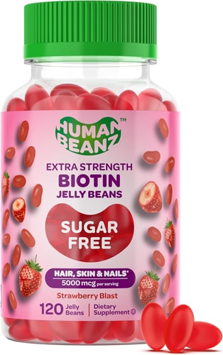 Биотиновые желейные бобы без сахара — волосы, кожа и ногти Strawberry Blast — 5000 мкг — 120 жевательных конфет Human Beanz