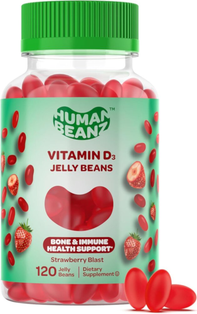 Желейные бобы с витамином D3 поддерживают здоровье костей и иммунитета Strawberry Blast, 120 жевательных конфет Human Beanz