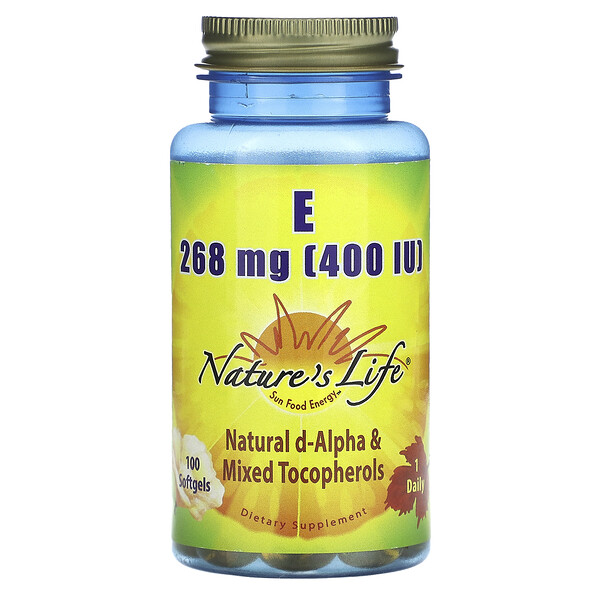 Витамин Е, 268 мг (400 МЕ), 100 мягких таблеток Nature's Life