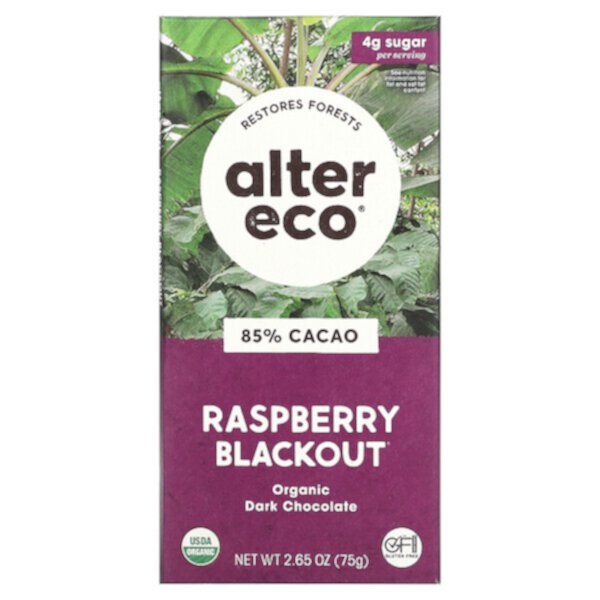 Органический батончик темного шоколада, Raspberry Blackout, 85% какао, 2,65 унции (75 г) Alter Eco