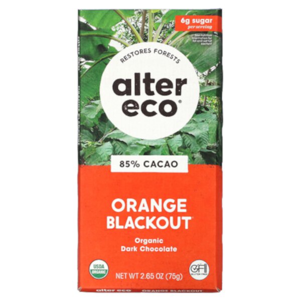 Органический батончик темного шоколада, Orange Blackout, 85% какао, 2,65 унции (75 г) Alter Eco