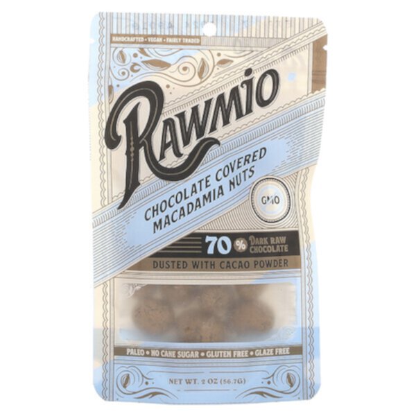 Chocolate Covered Macadamia Nuts, 70% Dark Raw Chocolate, 2 oz (56.7 g) Rawmio