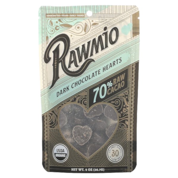 Dark Chocolate Hearts, 70% Raw Cacao, 2 oz (56.7 g) Rawmio