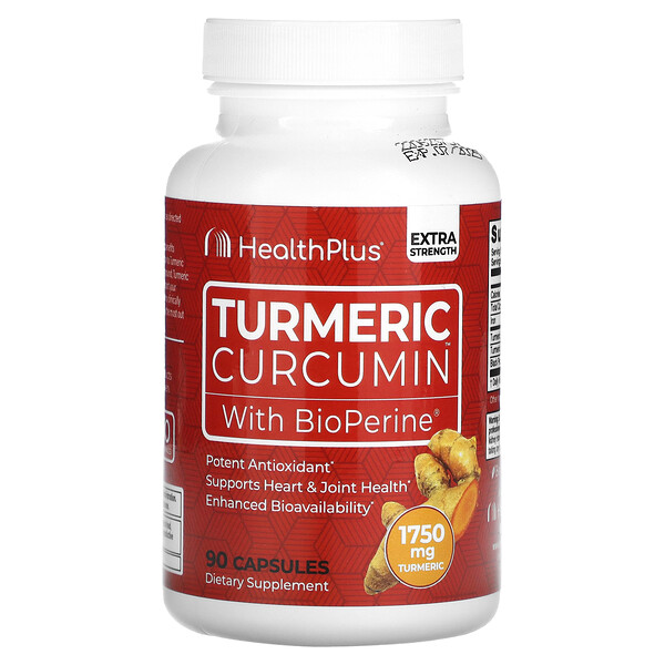 Куркума Куркумин с BioPerine, повышенная сила, 90 капсул Health Plus