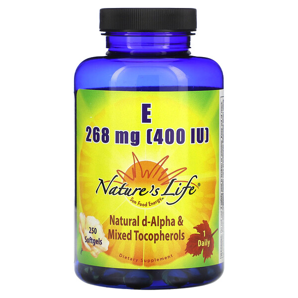 Витамин Е, 268 мг (400 МЕ), 250 мягких таблеток Nature's Life