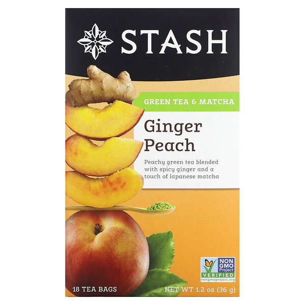 Green Tea & Matcha, имбирно-персиковый, 18 чайных пакетиков, 1,2 унции (36 г) Stash