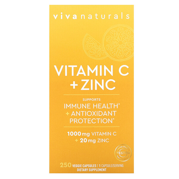 Витамин С + цинк, 250 растительных капсул Viva Naturals