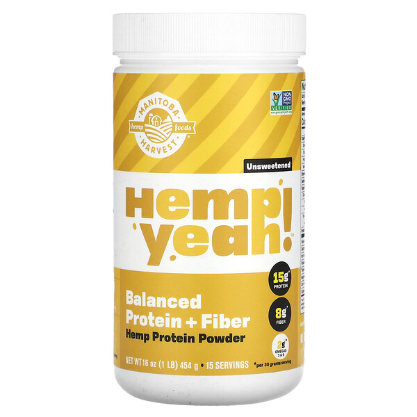 Organic Hemp Yeah!, Сбалансированный белок + клетчатка, протеиновый порошок из конопли, без сахара, 1 фунт (454 г) Manitoba Harvest