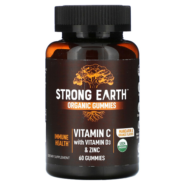 Органические жевательные конфеты Strong Earth, витамин С, витамин D3 и цинк, мандарин и апельсин, 60 жевательных конфет Yum V's