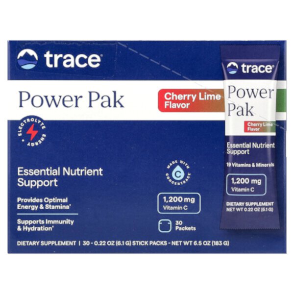 Power Pak: Витамин C 1200 мг и электролиты, вкус вишня-лайм, 30 пакетиков по 6,1 г Trace Minerals