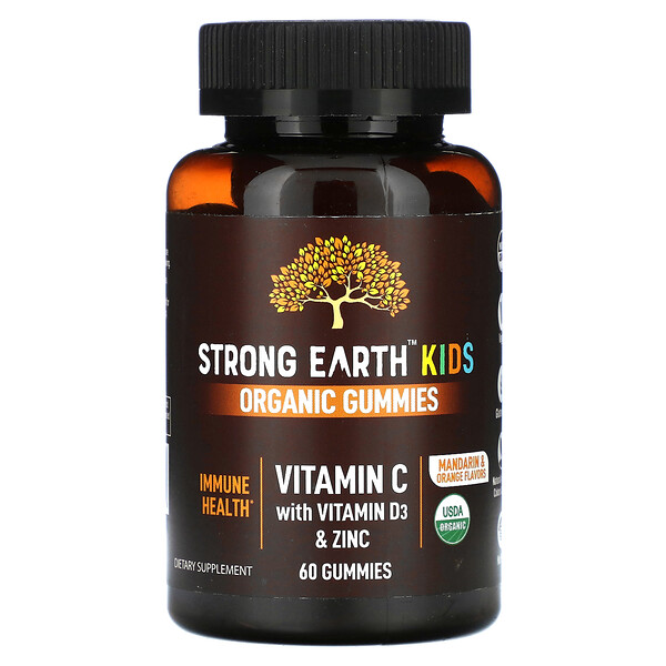 Органические жевательные конфеты Strong Earth Kids, витамин С, витамин D3 и цинк, мандарин и апельсин, 60 жевательных конфет Yum V's