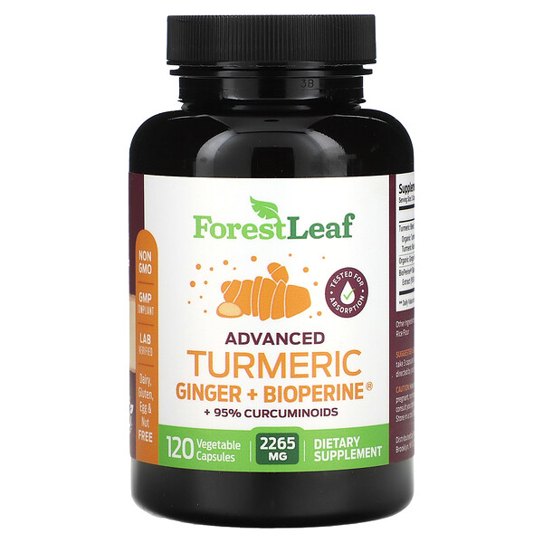 Advanced Куркума, имбирь + биоперин, 755 мг, 120 растительных капсул Forest Leaf