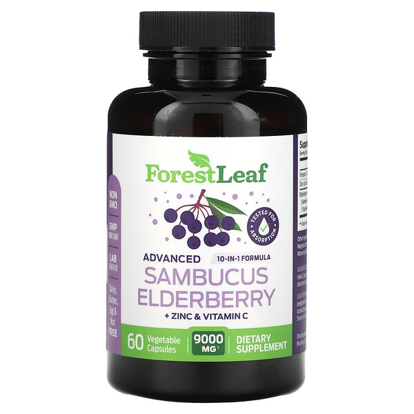 Бузина бузины Advanced Sambucus + цинк и витамин С, 4500 мг, 60 растительных капсул Forest Leaf