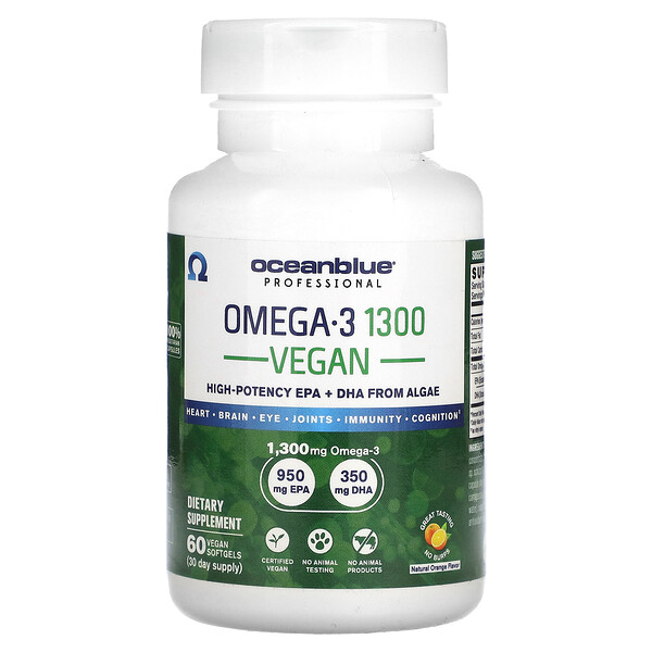 Professional, Vegan Omega-3 1300, High-Potency, Natural Orange, 60 Vegan Softgels (Мягкие капсулы) Oceanblue