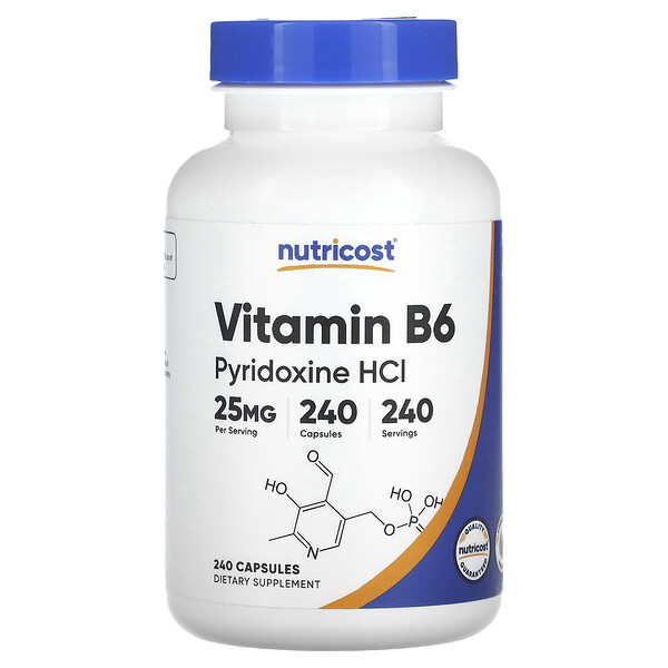 Витамин B6, Пиридоксин HCl - 25 мг - 240 капсул - Nutricost Nutricost