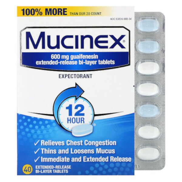 Mucinex, 40 двухслойных таблеток пролонгированного действия Mucinex