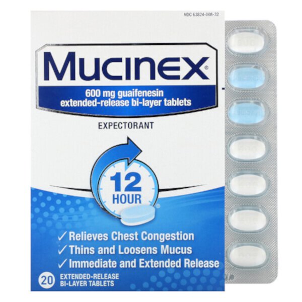 Mucinex, 20 двухслойных таблеток пролонгированного действия Mucinex