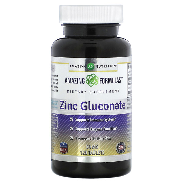 Глюконат цинка, 50 мг, 120 таблеток Amazing Nutrition