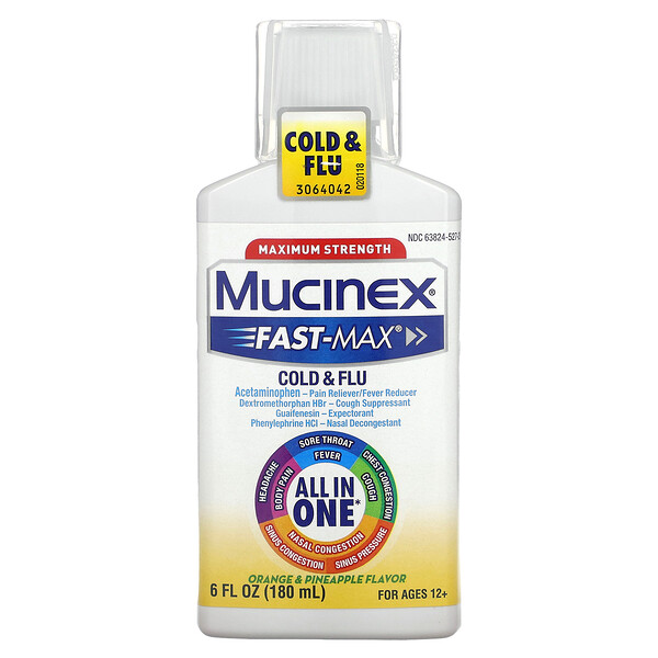 Fast-Max Cold & Flu, максимальная сила, для детей от 12 лет, апельсин и ананас, 6 жидких унций (180 мл) Mucinex