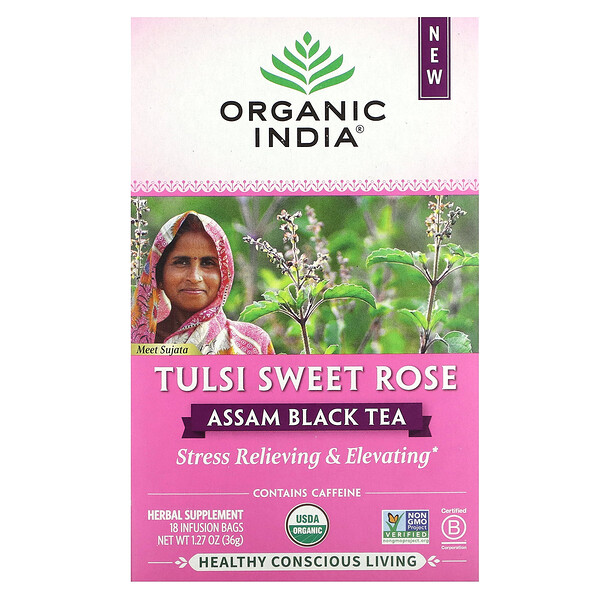 Черный чай Ассам, Сладкая роза Тулси, 18 пакетиков для заваривания, 1,27 унции (36 г) Organic India
