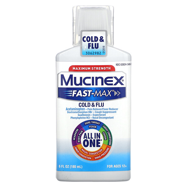 Fast-Max Cold & Flu, максимальная сила, возраст 12+, 6 жидких унций (180 мл) Mucinex