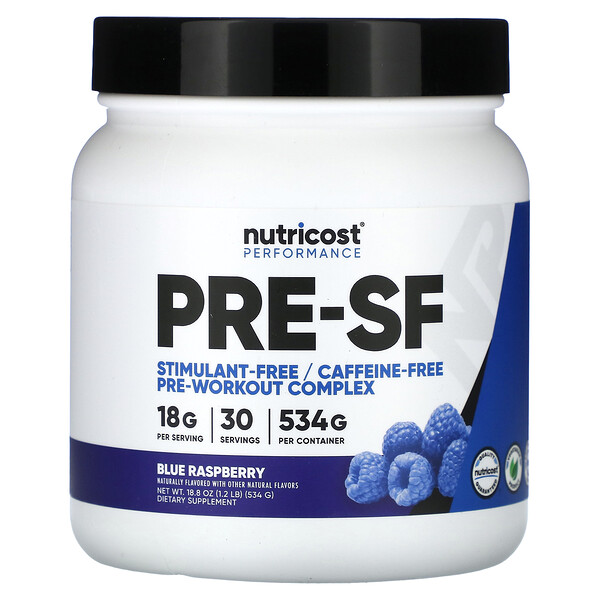 Performance, Pre-SF, Stimulant-Free Pre-Workout Complex, Blue Raspberry, 1.2 lb (Фунты) (534 g) Nutricost