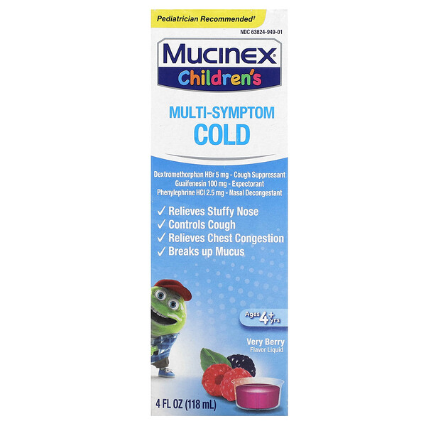 Children's, Multi-Symptom Cold, для детей от 4 лет, очень ягодный, 4 жидких унции (118 мл) Mucinex