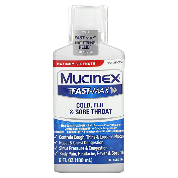 Fast-Max при простуде, гриппе и боли в горле, максимальная сила, для детей от 12 лет, 180 мл (6 жидких унций) Mucinex