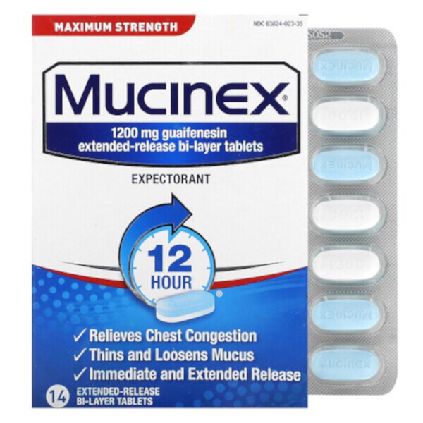 12-часовая перегрузка грудной клетки, максимальная сила, 14 двухслойных таблеток пролонгированного действия Mucinex