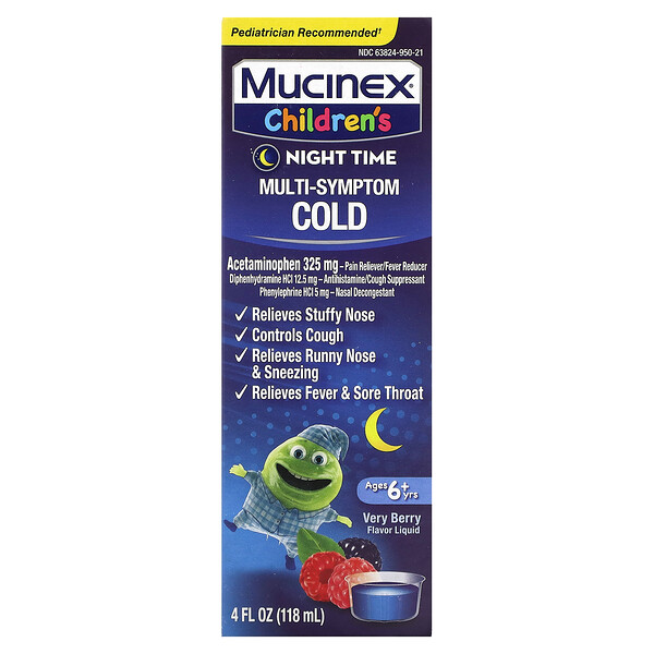 Children's, Мультисимптомная простуда, на ночь, для детей от 6 лет, очень ягодная, 4 жидких унции (118 мл) Mucinex