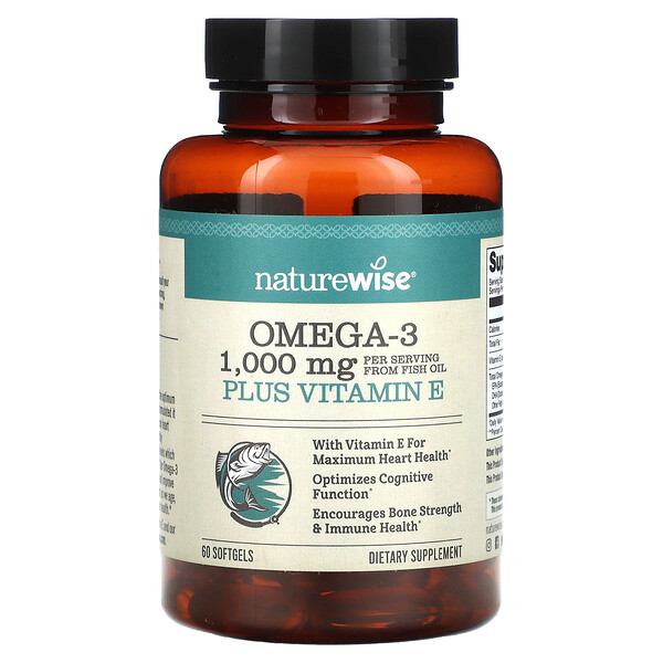 Омега-3 плюс витамин Е, 60 мягких таблеток NatureWise