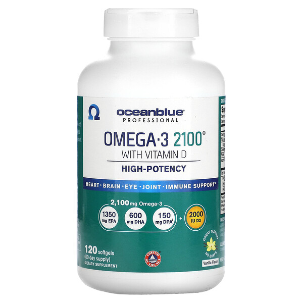 Professional, Омега-3 2100 с витамином D, высокая эффективность, ваниль, 120 мягких таблеток Oceanblue