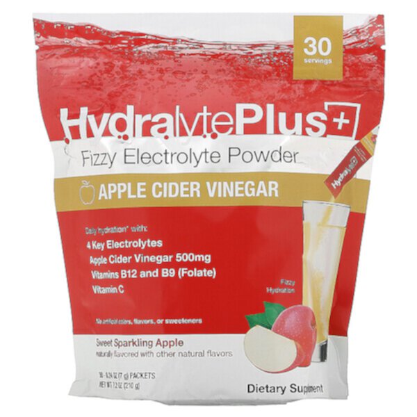 Hydralyte Plus+, Шипучий электролитный порошок, сладкое игристое яблоко, 30 пакетов по 0,24 унции (7 г) каждый Hydralyte