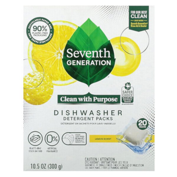 Пакеты с моющим средством для посудомоечной машины, аромат лимона, 20 упаковок, 10,5 унций (300 г) Seventh Generation
