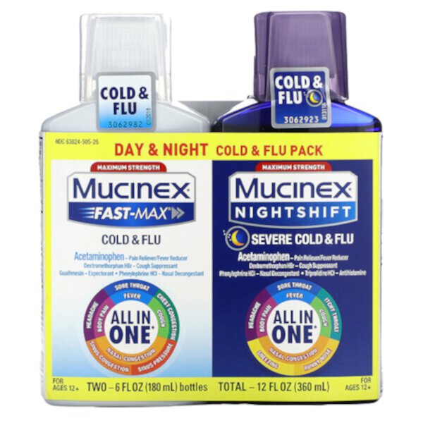 Пакет «День и ночь» от простуды и гриппа, максимальная эффективность, для детей от 12 лет, 2 бутылки по 6 жидких унций (180 мл) каждая Mucinex