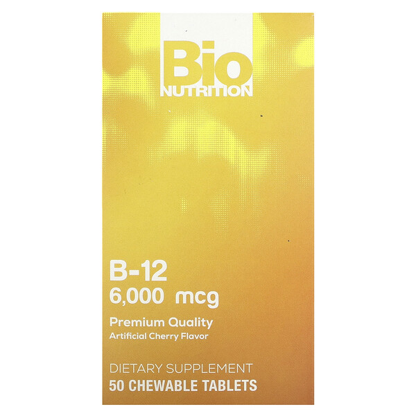 Витамин B-12, вишня, 6000 мкг, 50 жевательных таблеток Bio Nutrition