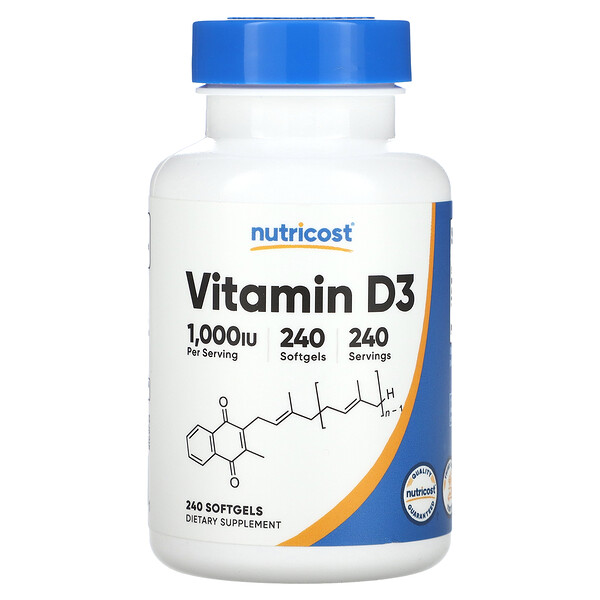 Витамин D3, 1000 МЕ, 240 мягких таблеток Nutricost