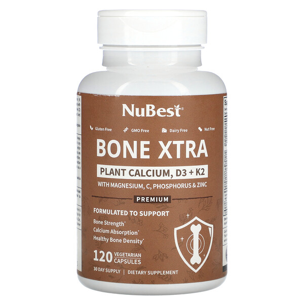 Bone Xtra, Растительный кальций, D3 + K2, 120 вегетарианских капсул NuBest